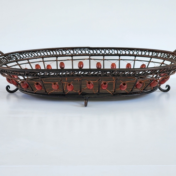 Contemporary Lg. Centerpiece METAL WIRE BASKET FRUIT TRAY w/ Wood Beads & Bottom - Picture 1 of 9